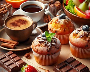 Varios muffins acompañados de café, chocolate, ensalada y frutas